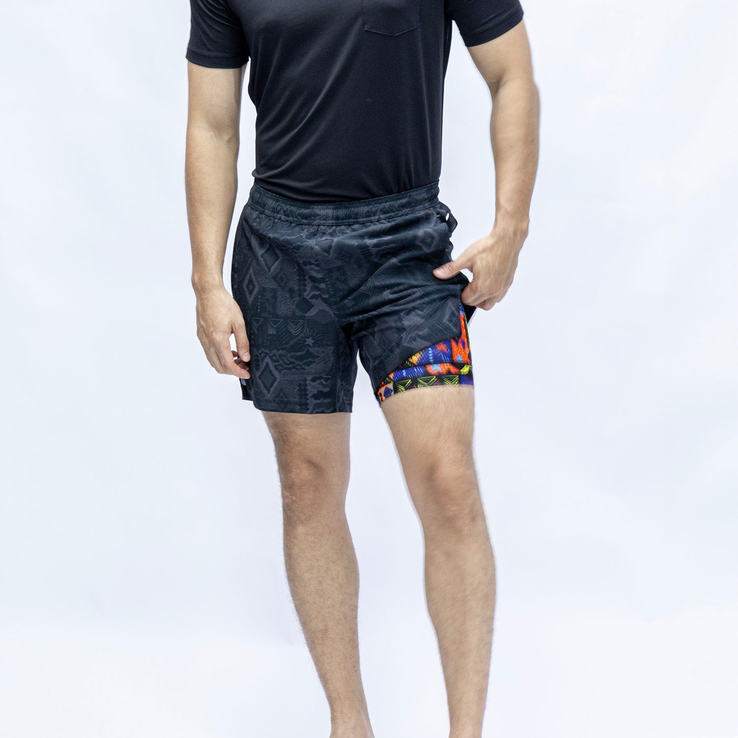 2 in 1 Stretch Short Lined Black Mayan Gym Shorts