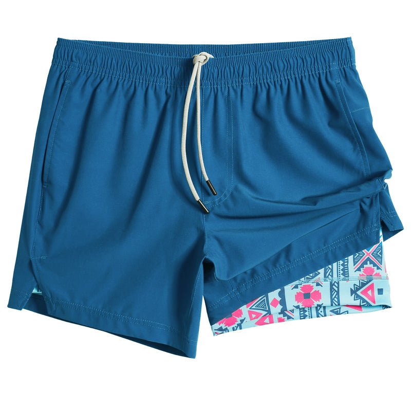 2 in 1 Stretch Short Lined Blue Printed Gym Shorts