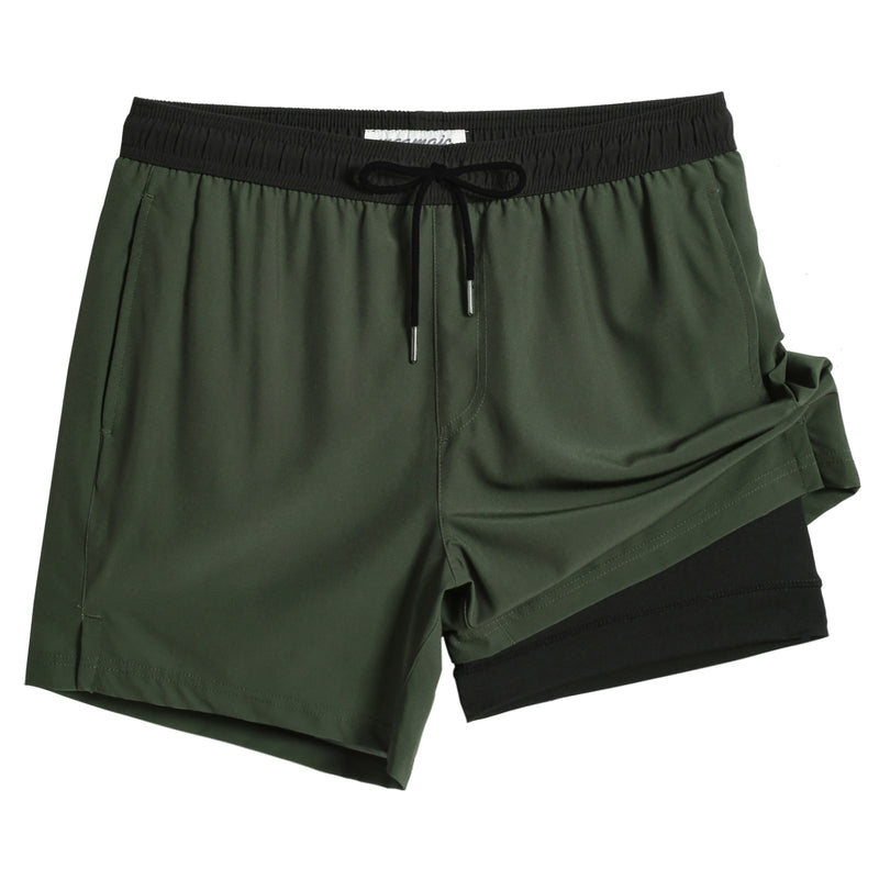 5.5 Inseam 2 in 1 Stretch Short Liner Dark Green Swim Shorts