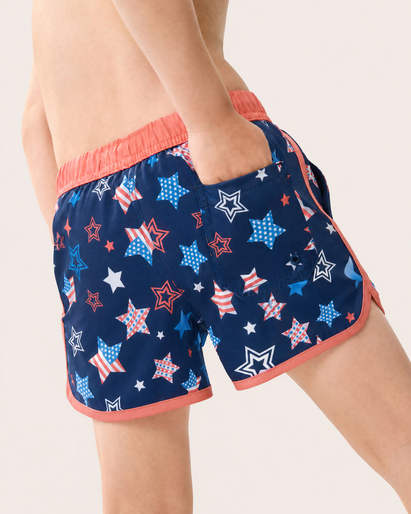 AmeriCool Kids Patriotic Star Swim Trunks, Blue and White | Maamgic