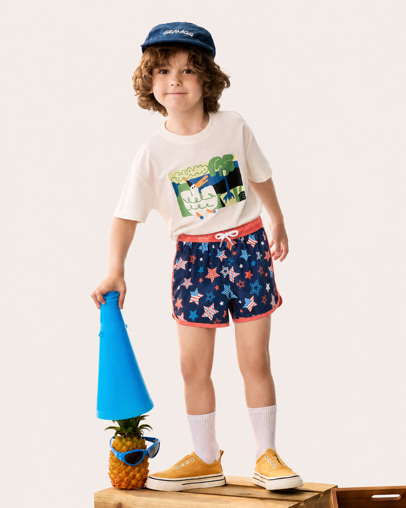 AmeriCool Kids Patriotic Star Swim Trunks, Blue and White | Maamgic