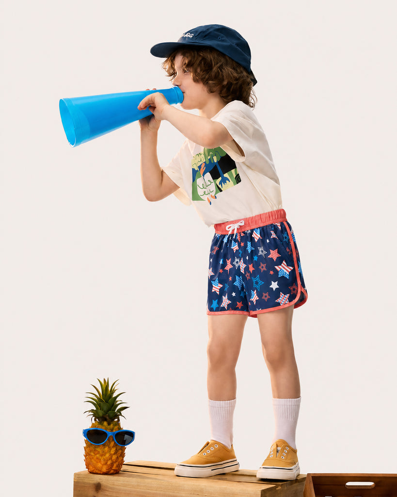 AmeriCool Kids Patriotic Star Swim Trunks, Blue and White | Maamgic