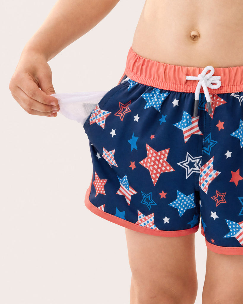 AmeriCool Kids Patriotic Star Swim Trunks, Blue and White | Maamgic