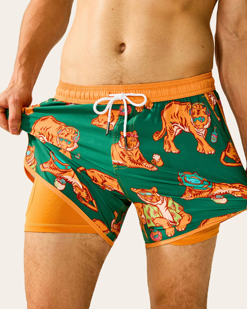 EastDreamII Tiger Swim Trunks, Green and Orange | Maamgic