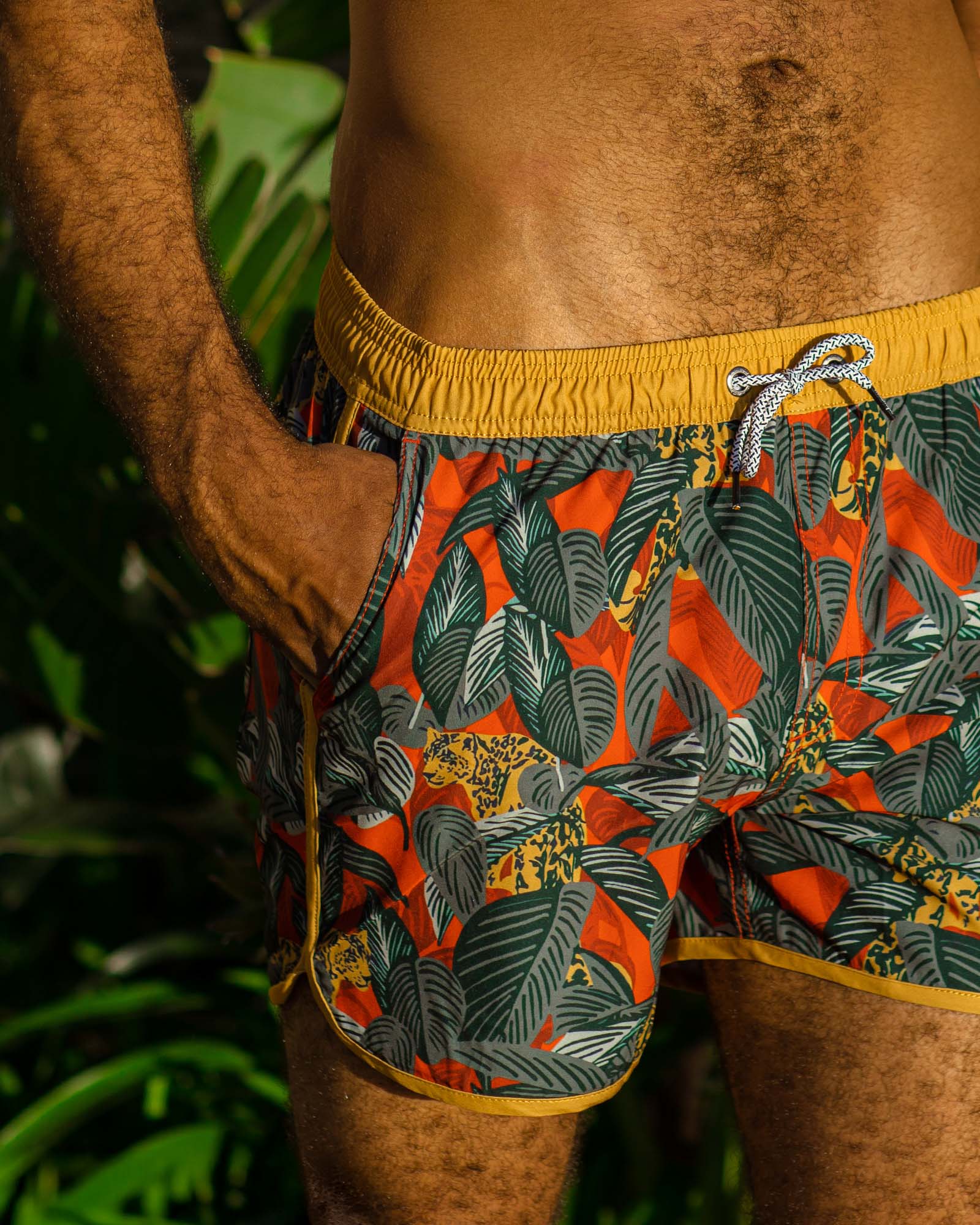 LeafyLuxe Leopard Infested Swim Trunks, Black and Yellow | Maamgic