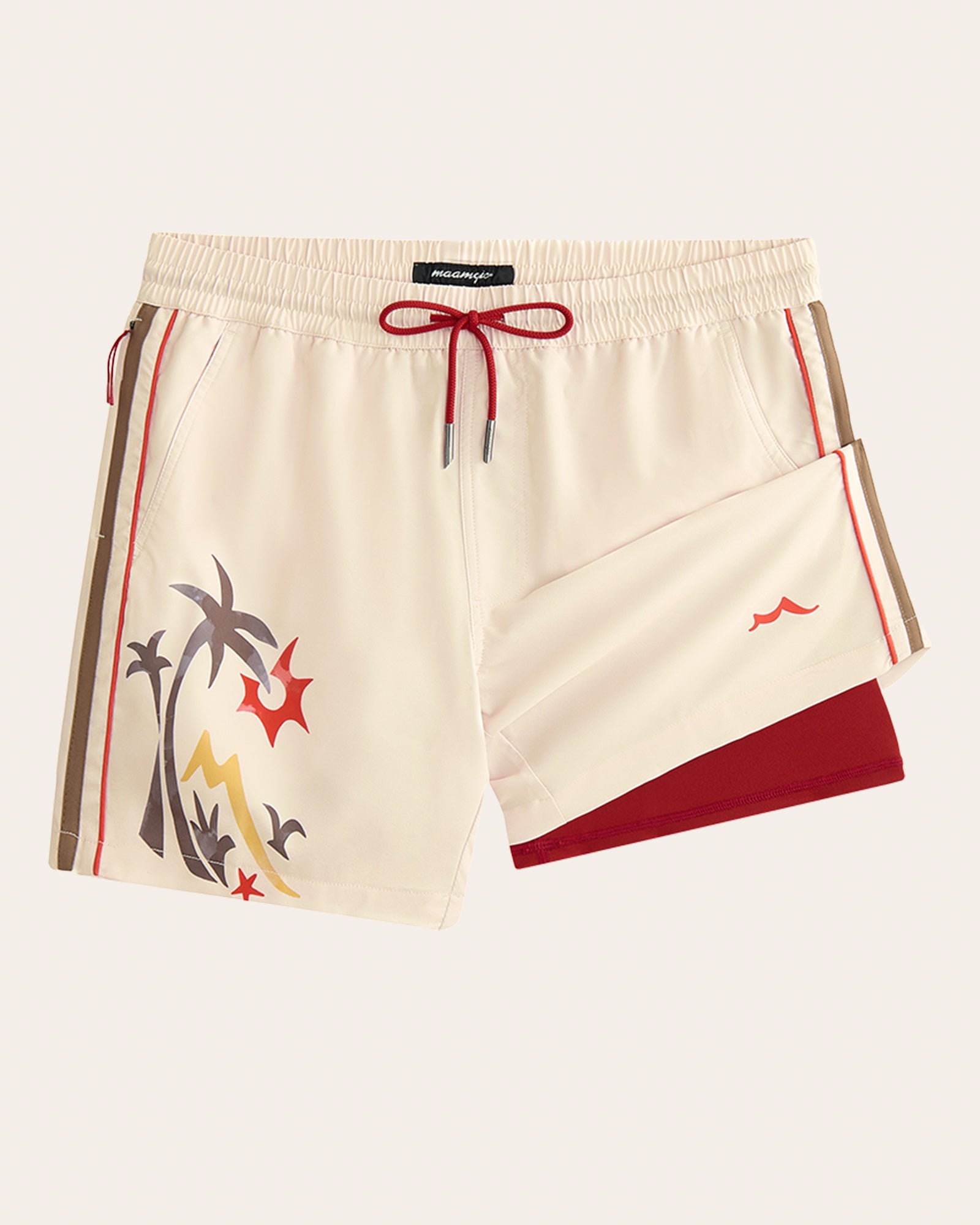 RetroWave Side Striped Swim Shorts, White and Marnoon | Maamgic