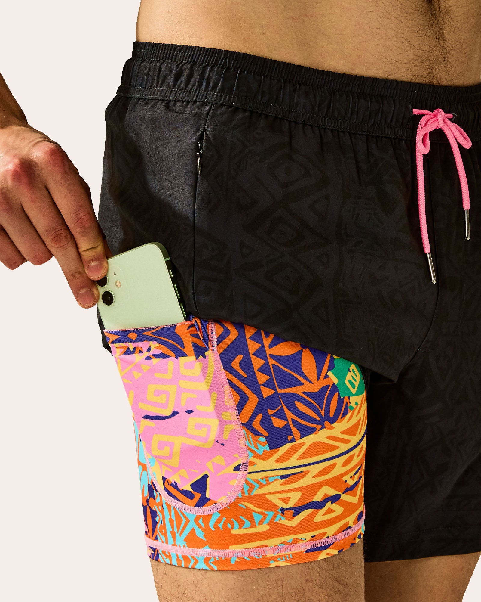 TribalTime Men's Swim Trunks, Black and Pink | Maamgic