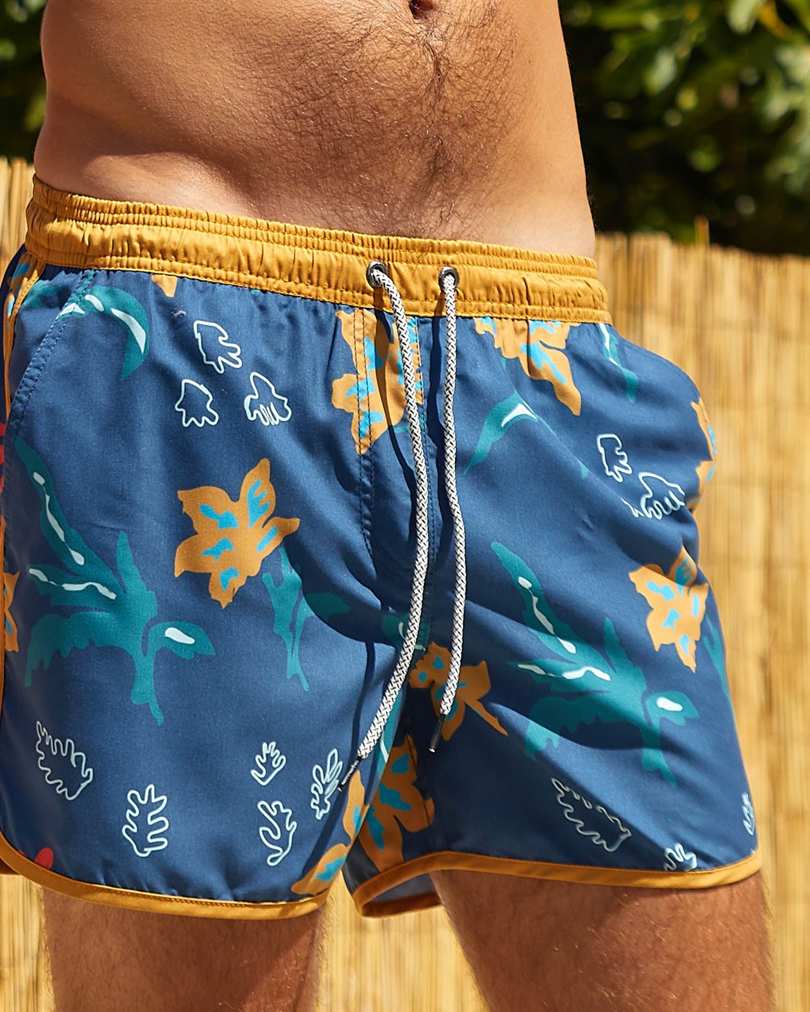 Men's FloraFever Flowers Swim Trunks, Blue and Brown | Maamgic