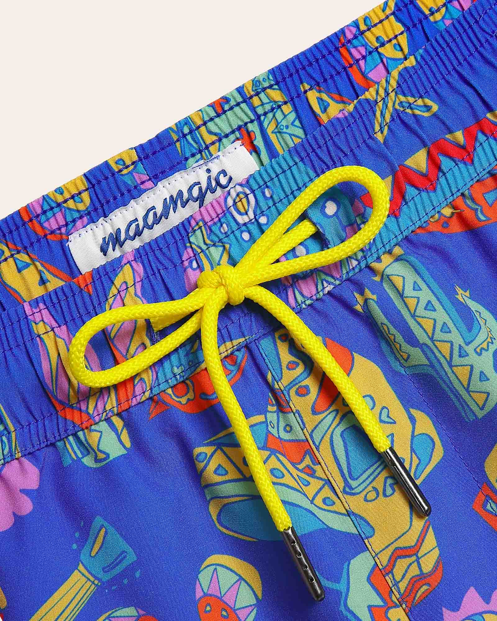 MexicanDream Aztec Skull Fiesta Swim Trunks, Blue and Yellow | Maamgic