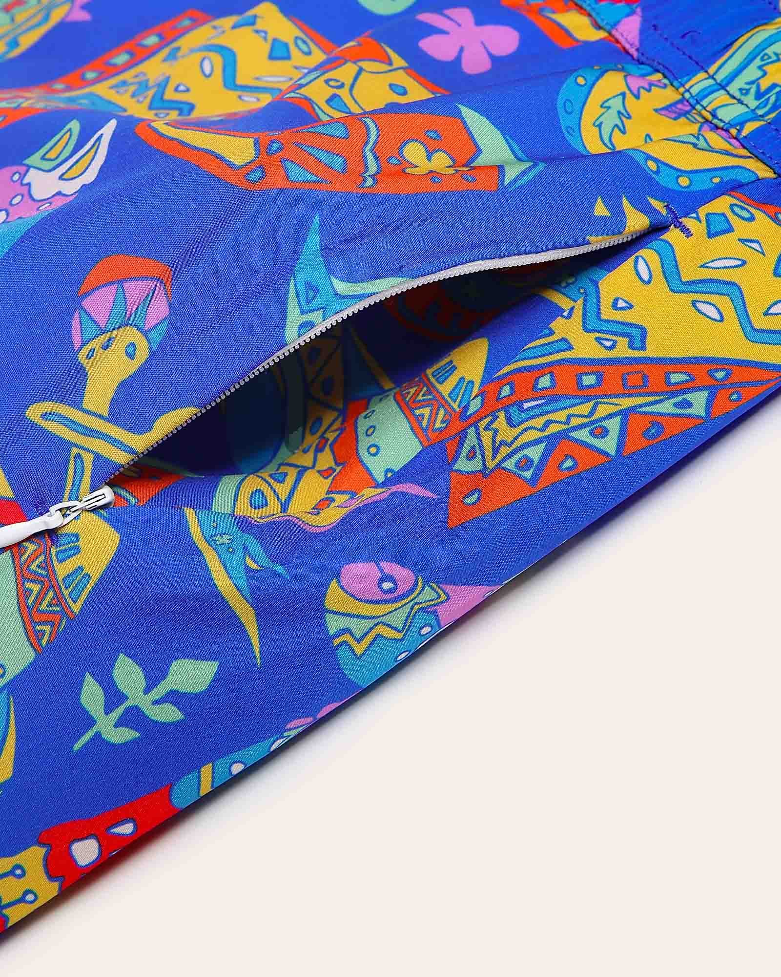 MexicanDream Aztec Skull Fiesta Swim Trunks, Blue and Yellow | Maamgic