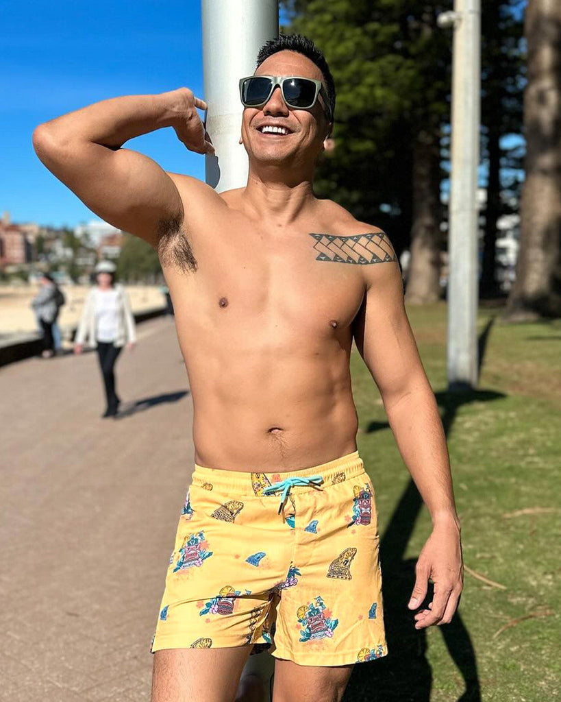 VivaVacay Mayan Cartoon Swim Trunks