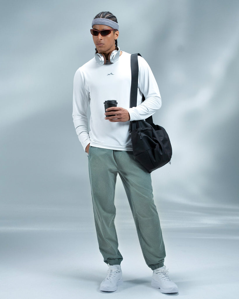 Man wearing white athletic shirt for everyday comfort and errands