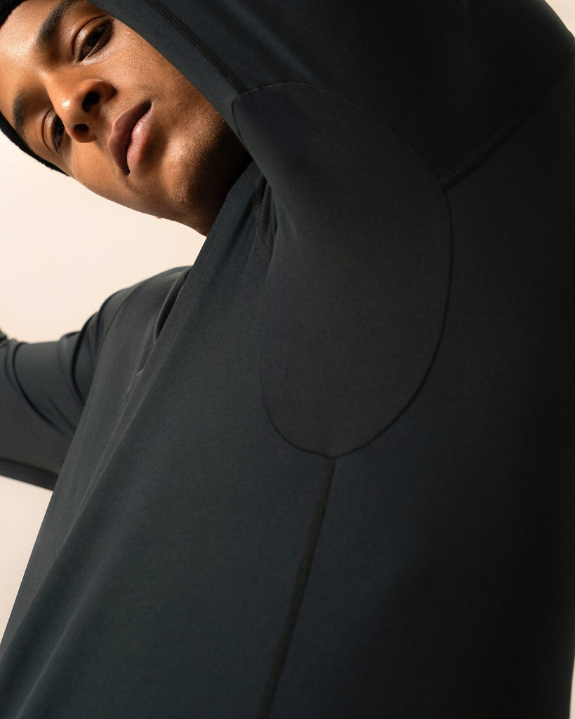 Close-up of soft touch cuff and neckline detail on black long sleeve