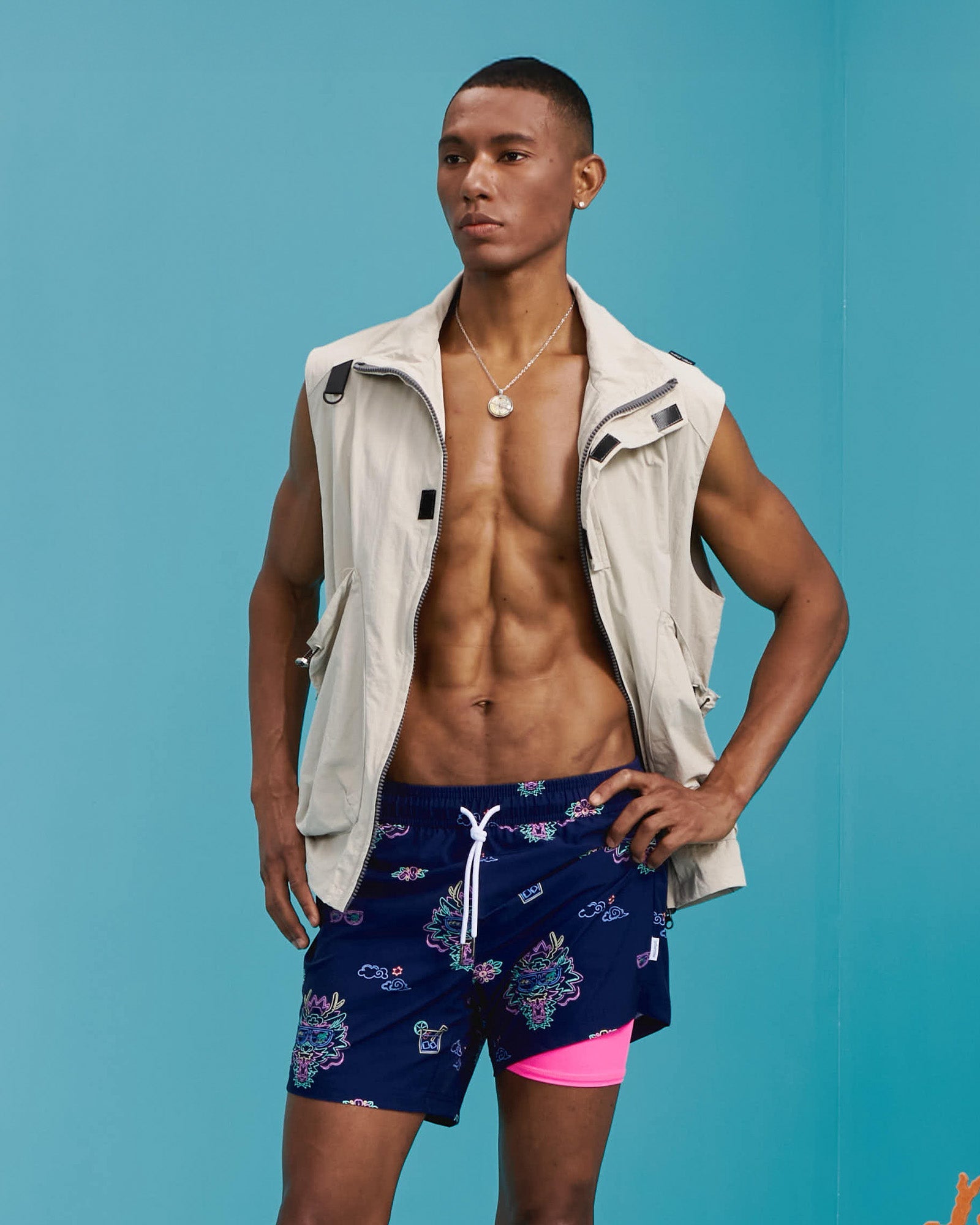 YanLong Neon Dragon Swim Trunks, Navy Blue and Pink | Maamgic