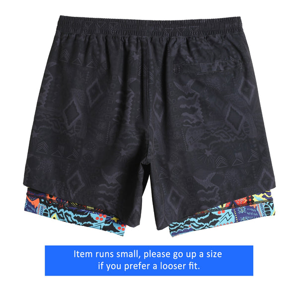 2 in 1 Stretch Long Lined Black Mayan Gym Shorts
