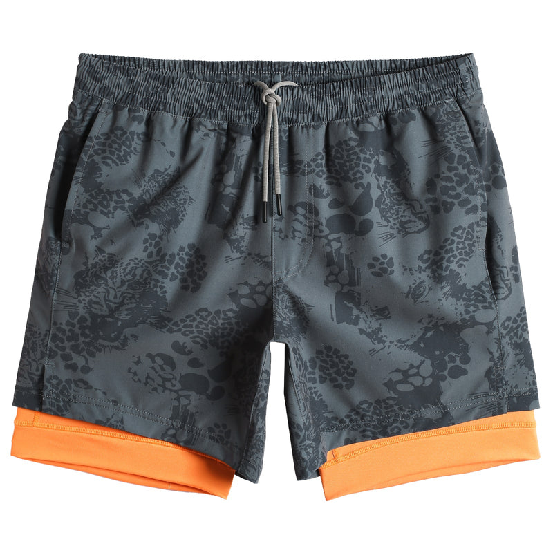 2 in 1 Stretch Long Lined Grey Leopard Gym Shorts