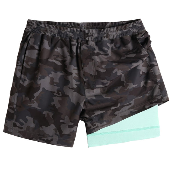 2 in 1 Stretch Short Lined Grey Camo Gym Shorts