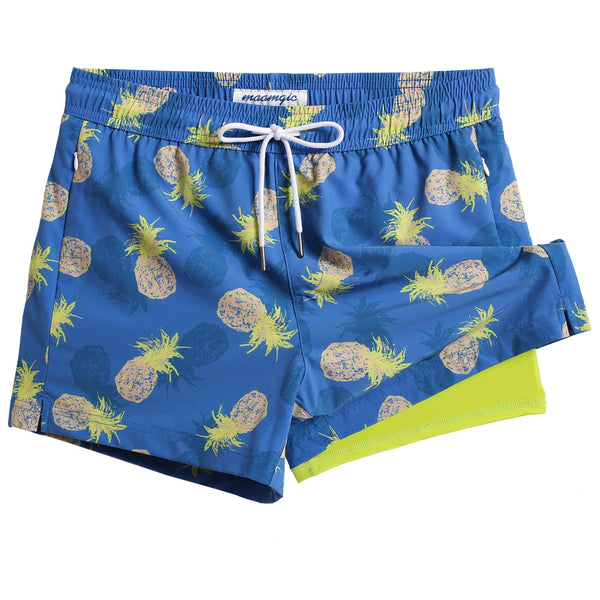 4 Inseam 2 in 1 Stretch Short Liner Blue Pineapple Swim Shorts