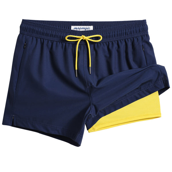 4 Inseam 2 in 1 Stretch Short Liner Navy Yellow Swim Shorts