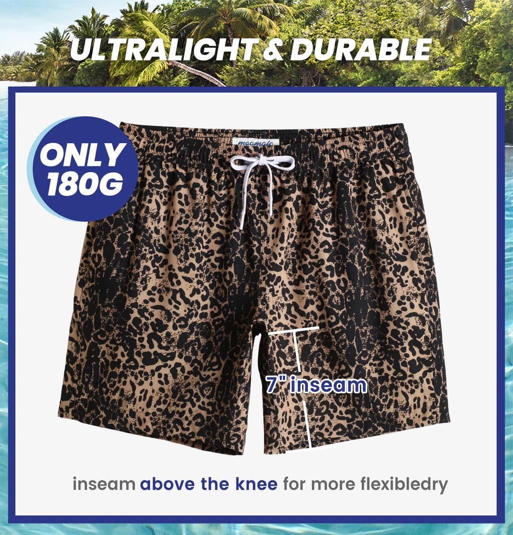 7 Inch Inseam Stretch Leopard Print Swim Trunks – maamgic